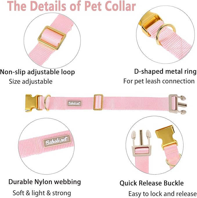 Babole Pet Nylon Dog Collar - Adjustable Pink Soft Webbing Dog Collars for Small Medium Large Dogs Boy Girl Puppy Collar with Safety Metal Buckle M