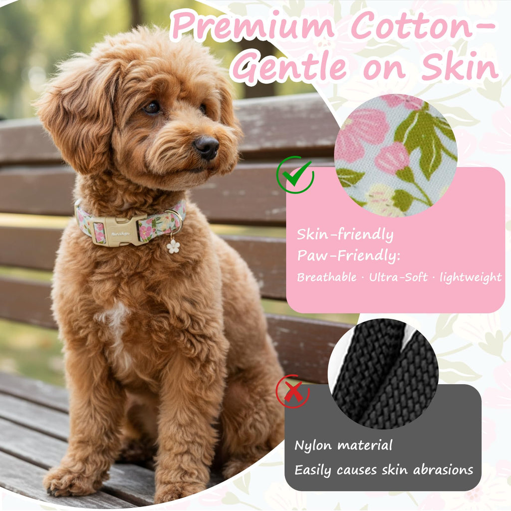 Astdogio Dog Collar for Small Medium Large Dogs, Spring Blue Dog Collars with Pink & White Flowers, Adjustable Cotton Dog Collars, Cute Girl or Boy Dog Collar Ideal for Gifts,Pet Accessory,L