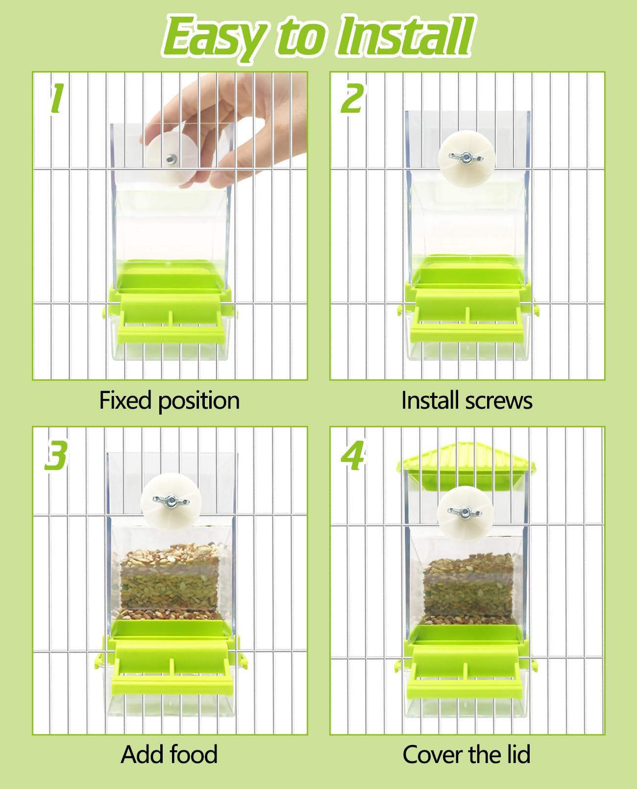 BNOSDM No Mess Automatic Bird Feeder Anti-Splash Bird Feeder Acrylic Transparent Food Container Parrot Cage Accessories for Parakeets Budgies Lovebirds Cockatoos Conures Finches (Green)
