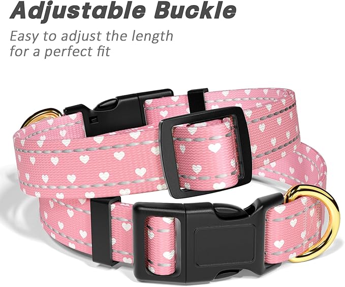 TMOODEL Reflective Dog Collar for Medium Dogs, Cute Adjustable Heavy-Duty Nylon Puppy Collars for Boy and Girl Female, Soft Pet Accessories with Quick Release Buckle, Neck 14-20", Pink Hearts