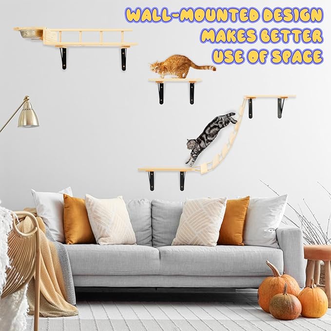 TIMIEEYA Cat Wall Shelves - Stable & Safe 5 in 1 Cat Walls Furniture Set, Wooden Kitten Climbing Wall with Bridge Ladder & Wall Steps