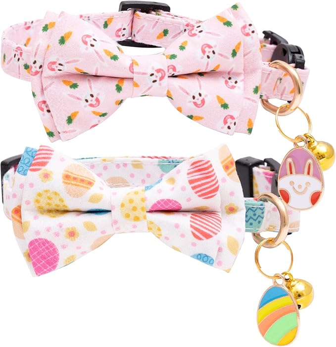 Faygarsle 2 Pack Valentine's Day Cat Collar Cute Loving Heart Printed Collar with Bow tie Breakaway Pink Purple Cat Collar for Boy Girl Cats