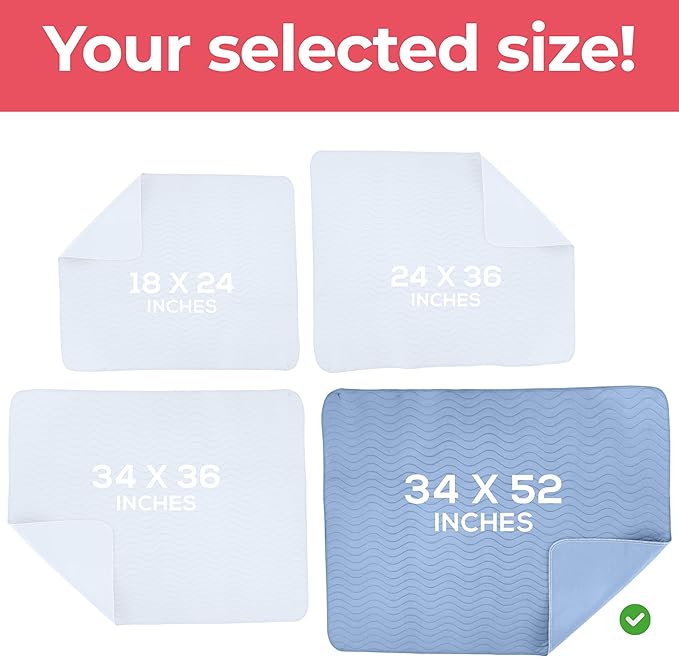 Utopia Bedding Washable Underpads 34" x 52" (Pack of 2), Waterproof Reusable Heavy Absorbency Incontinence Bed Pads for Adults, Kids, Elderly and Pets, Bedwetting Pads for Sofa and Couch (Blue)