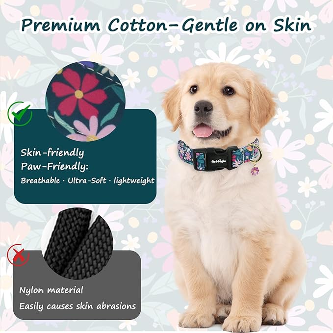 Astdogio Dog Collar for Small Dogs, Spring Dark Green Dog Collars with Flowers Pattern, Adjustable Cotton Dog Collars, Cute Girl or Boy Dog Collar Ideal for Gifts,Pet Accessory
