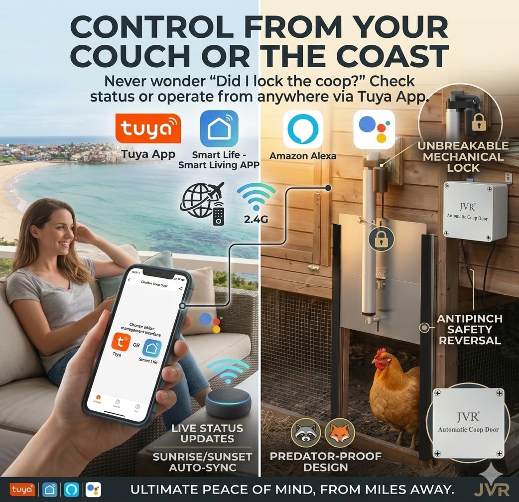JVR WiFi Chicken Coop Door, App & Alexa Control, Sunrise/Sunset, Anti-Pinch