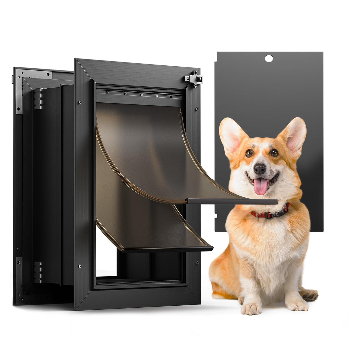 Cat Door for Wall, All Aluminum Doggy Doggie Pet Door Small Dog Door, With Closing Panel, 2 Magnetic Flaps Energy Efficient, Wide Telescoping Tunnel for Interior & Exterior Wall, Pets Up to 22Lb Black