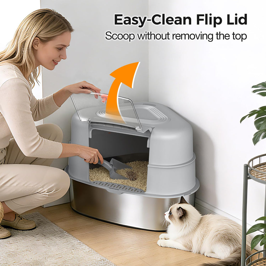 Chumajor XXL Stainless Steel Corner Cat Litter Box with Lid,Grey