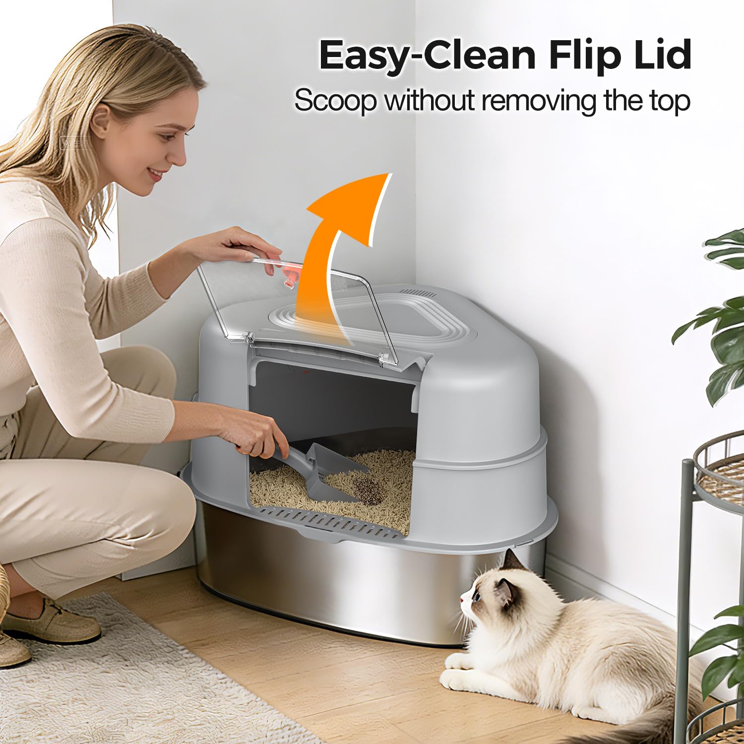 Chumajor XXL Stainless Steel Corner Cat Litter Box with Lid,Grey