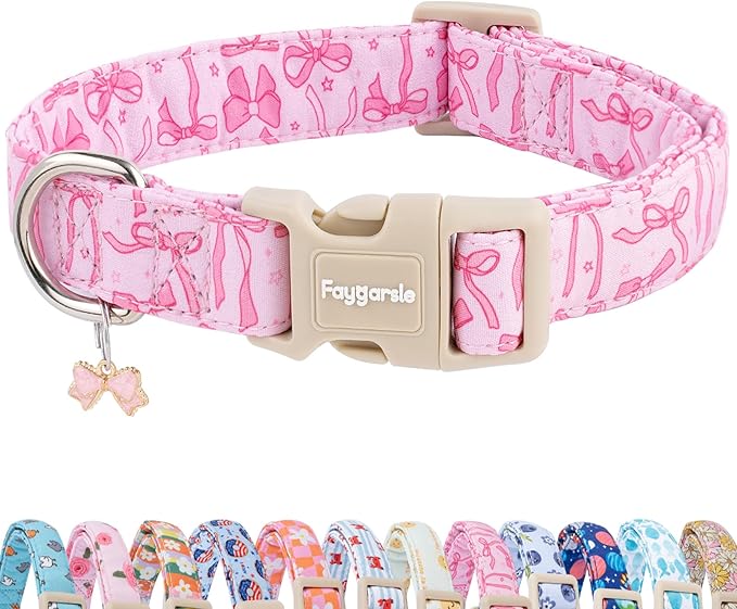 Faygarsle Cute Pink Bow Pattern Dog Collar for Summer Spring Design for Small Medium Large Dogs, M