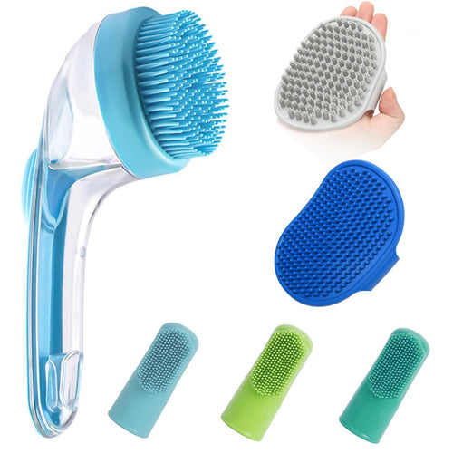 (6 Pcs) ELEGX Pet Grooming Bath Massage Brush with Soap and Shampoo Dispenser Soft Silicone Bristle for Long Short Haired Dogs Cats Shower