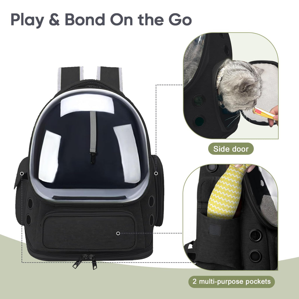 Breathable Cat Backpack Carrier, Large Space Cat Bubble Backpack for Kitty & Small Dog up to 18lbs, Foldable Cat Carrier Backpack, Transparent Airline Approved Carrier for Travel (Black)