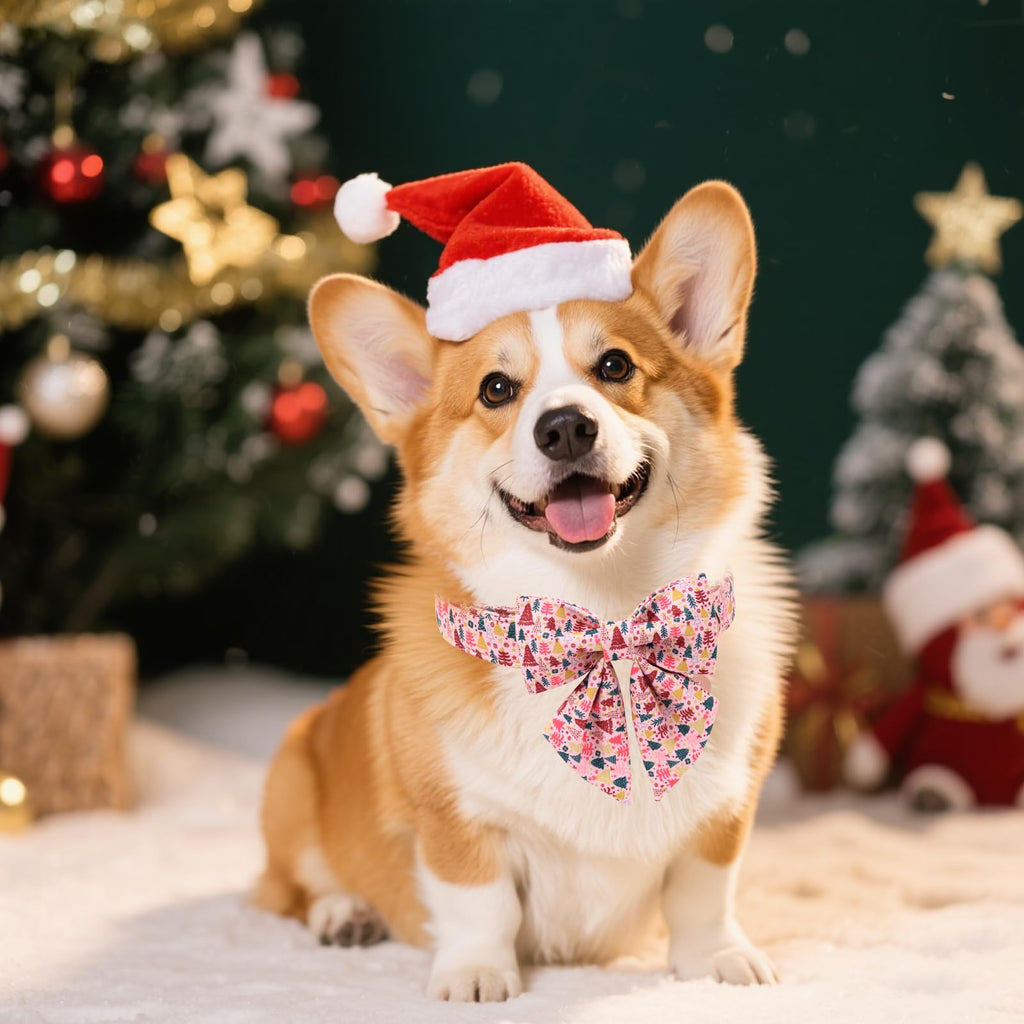 UP URARA PUP Christmas Dog Collar with Bow Tie, Pink Christmas Tree Collars for Dogs, Adjustable Pet Collar with Cute Xmas Tree Pendant, Winter Dog Accessories for Small Medium Large Dogs M