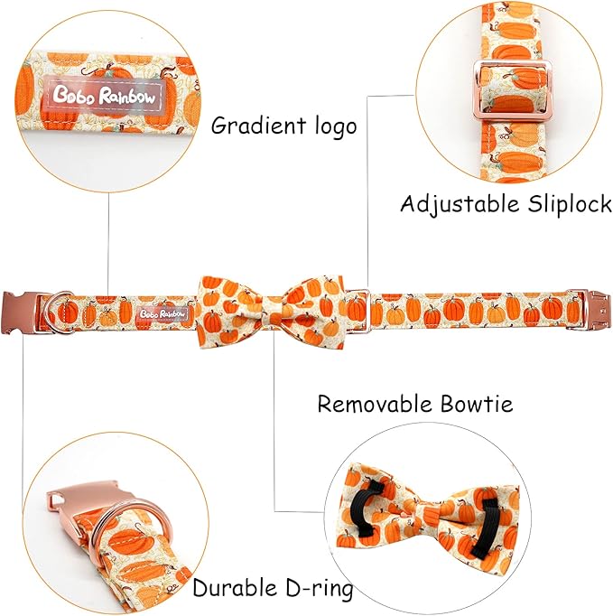 Bobo Rainbow Dog Collar - Halloween Pumpkin Bowtie Dog Collars Gift Soft Bow Collar Pet Adjustable Metal Buckle Pet Collar for Small Dogs