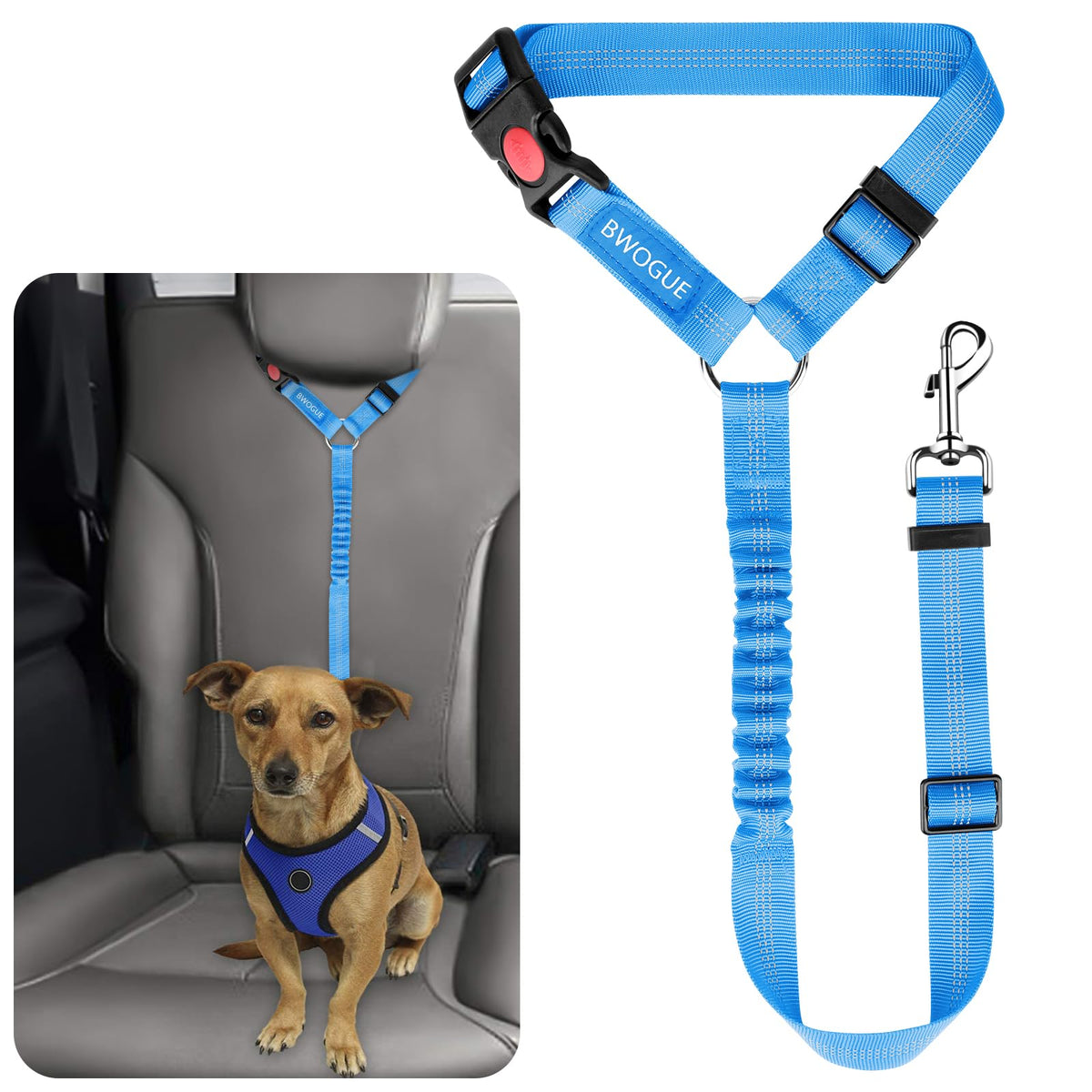 BWOGUE Dog Seat Belt for Car, Headrest Restraint Reflective Bungee, 1 Pack