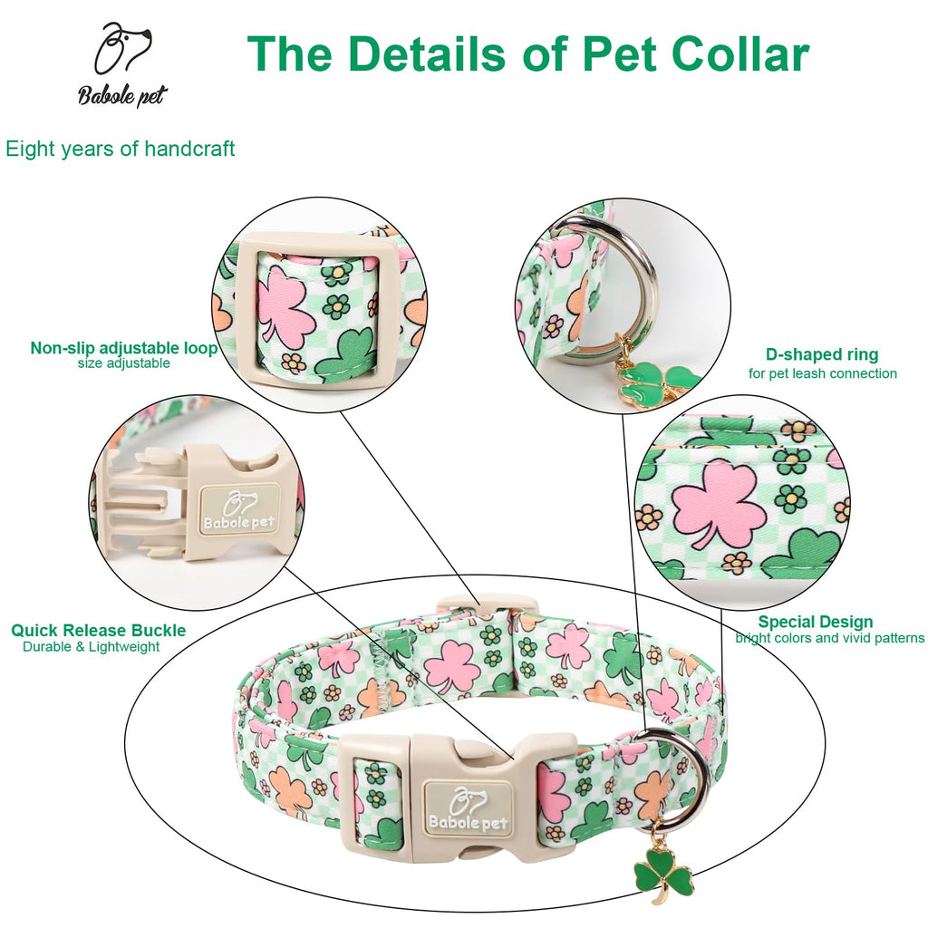 Babole Pet St Patricks Day Dog Collar for Medium Dogs - Cute Pastel Lucky Clover Dog Collars, Lightweight Adjustable Irish Green Festival Dogs Collars with Quick Release Buckle M