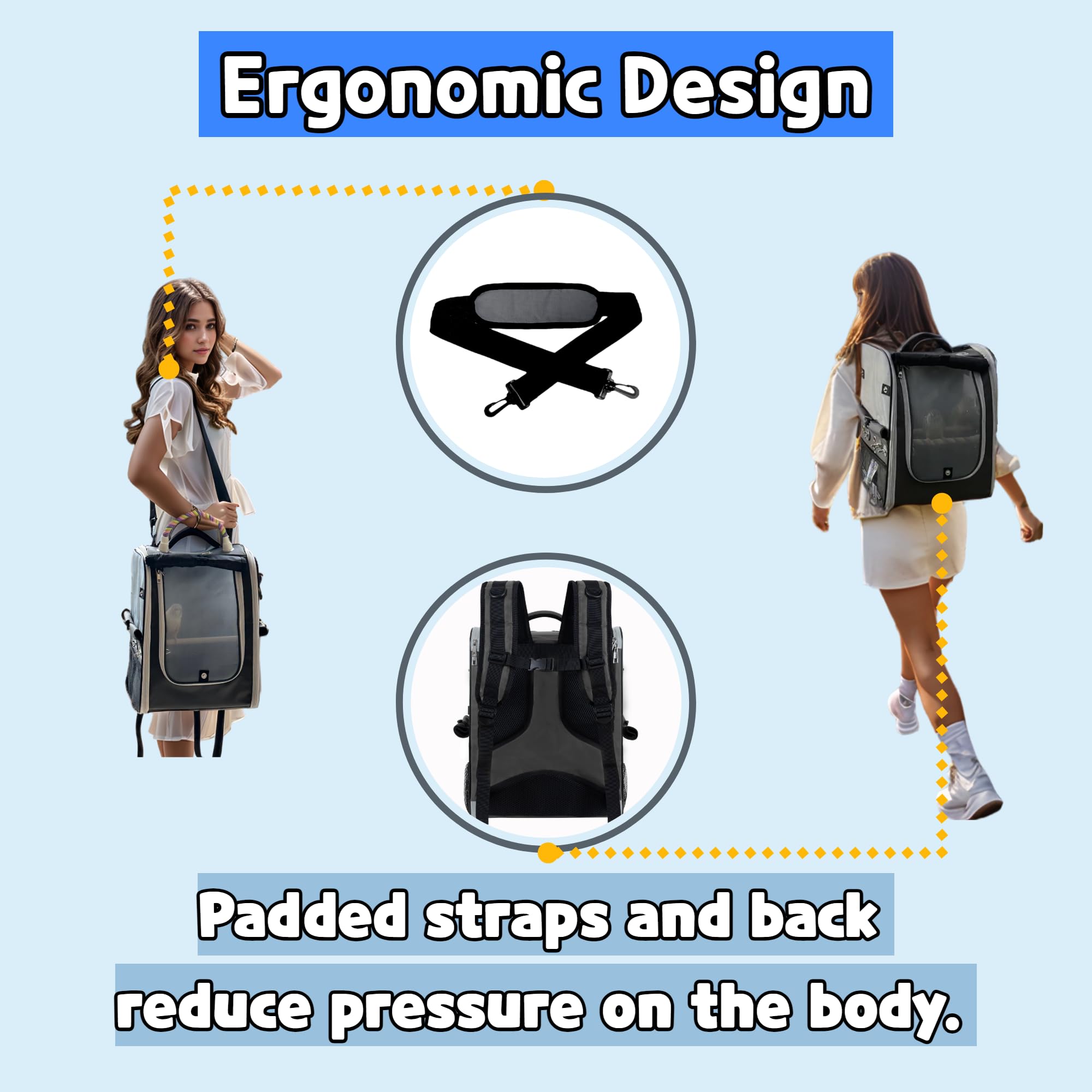 Birds Day Bird Carrier Backpack - Breathable Mesh Portable Parrot Travel Cage with 2PCS Perch, Food Bowl, and Stainless Steel Tray (Charcoal Gray)