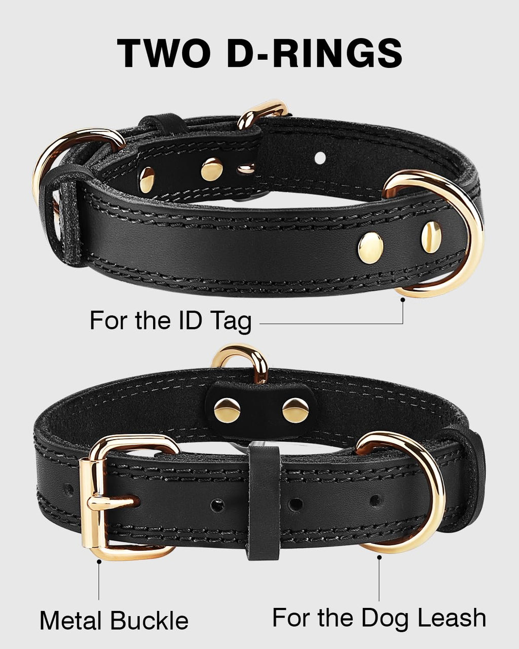 Joytale Leather Dog Collar for Medium Dogs, Genuine Thick Solid Leather, Heavy Duty Sturdy Pet Collar, Adjustable Metal Pin Buckle for Reliable Daily Training and Walking, Black, M