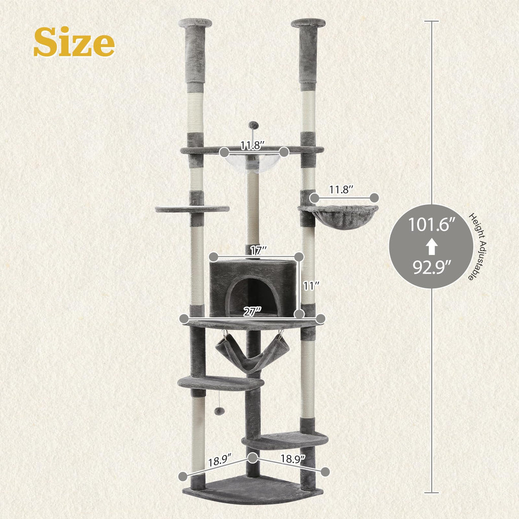 PETEPELA Floor to Ceiling Cat Tree, 92.9-101.6" Tall Cat Tower, Gray