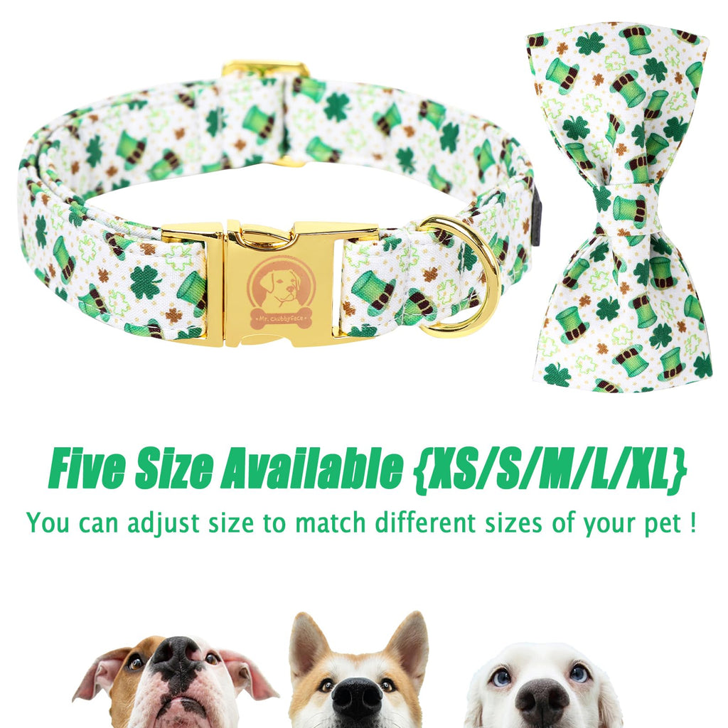 ·MR. CHUBBYFACE· St.Patrick's Clover Dog Collar with Bowtie, Green Clovers Shamrock Pattern Metal Buckle Dog Collar Adjustable Shamrock Collar for Small Medium Large Dogs