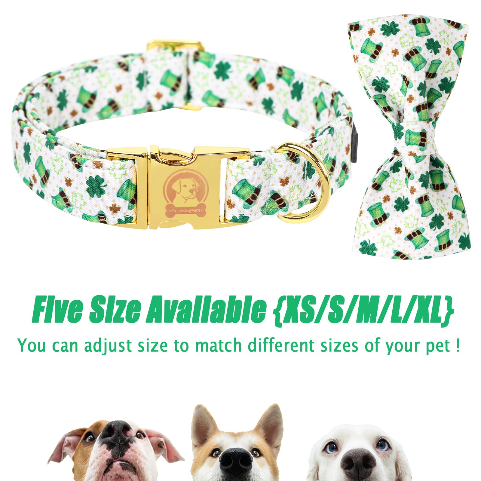 ·MR. CHUBBYFACE· St.Patrick's Clover Dog Collar with Bowtie, Green Clovers Shamrock Pattern Metal Buckle Dog Collar Adjustable Shamrock Collar for Small Medium Large Dogs