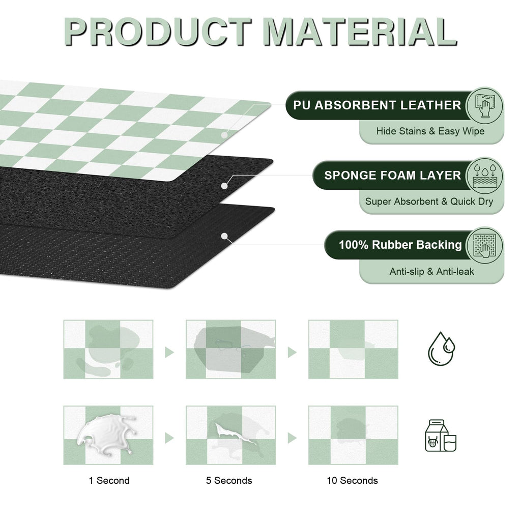 Checkered Dog Cat Feeding Mat, 17'' x 28'' Large Dog Food Mats, Absorbent Pet Feeding Mat for Food and Water Bowl, Dispenser, Checkerboard Pet Placemat with Rubber Backing, Green & White