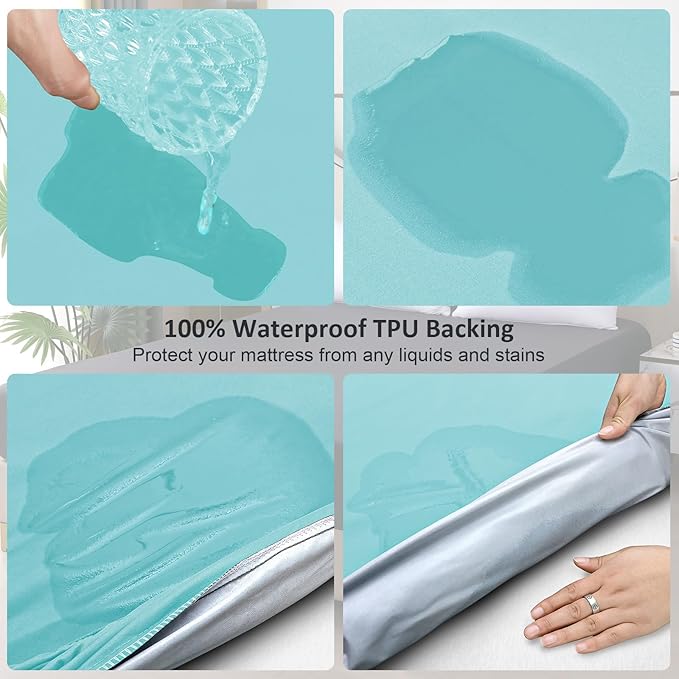 Twin Mattress Protector Waterproof, Fitted Sheet Style Breathable Mattress Cover with Deep Pocket Fits Up to 18'', Noiseless Bed Cover for Kids Adults Pets, Machine Washable (Cyan, 39'' X 75'')