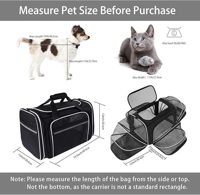 MASKEYON TSA Airline Approved Large Pet Travel Carrier,4 Sides Expandable with 2 Mesh Pockets,3 Entry, Soft Sided Collapsible Dog Carrier for 2 Cats,Kittens,Puppies,Dog, X-Large, Black & White