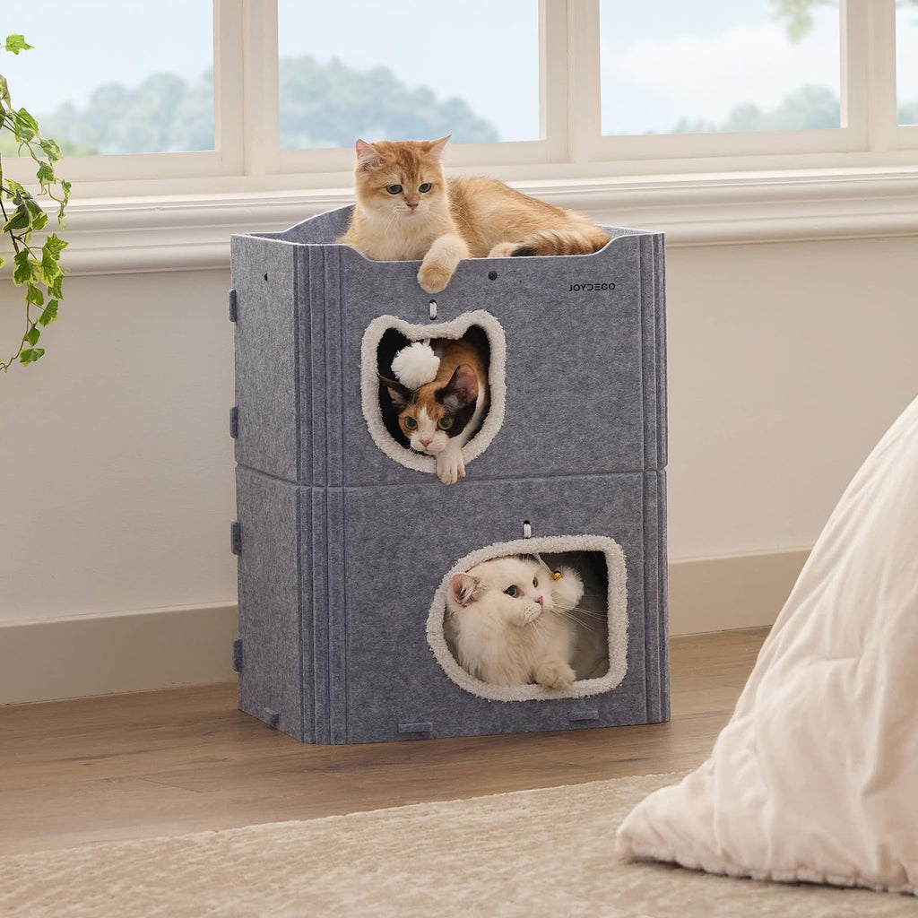 Joydeco Cat House for Indoor Cats, 2 Story Scratch Resistant Felt Cat Condo, Hideaway Pet Cave Bed with Fluffy Ball and Tunnel for Kitten, Small Dogs, Rabbits, 17.7 x 13.3 x 24, Grey