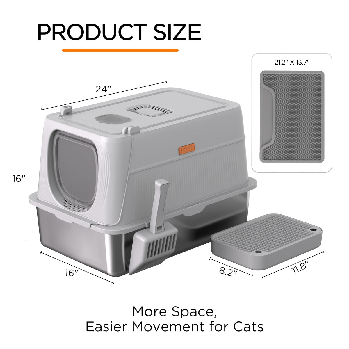Anywish Stainless Steel Cat Litter Box with Lid, XL Extra Large Enclosed Removable Metal Litter Box with Litter Scoop&Double Layer Litter Mat, Non-Sticky, Non-Odor, for Big Cats Dark Grey