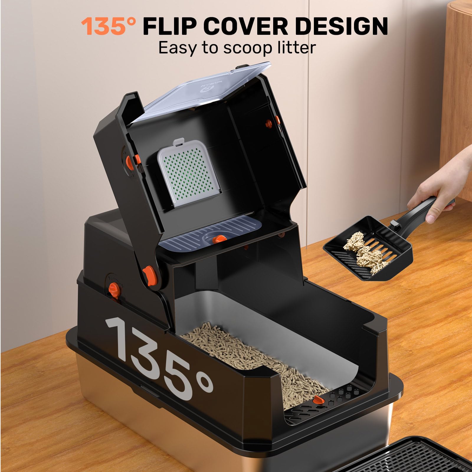 HAPAW Stainless Steel Litter Box with Lid, Anti-Leakage Enclosed Metal Litter Box, Flip-Top Extra Large Kitty Litter Pan with Scoop & Pedal, Odor Free, Front & Top Dual Entry, Black