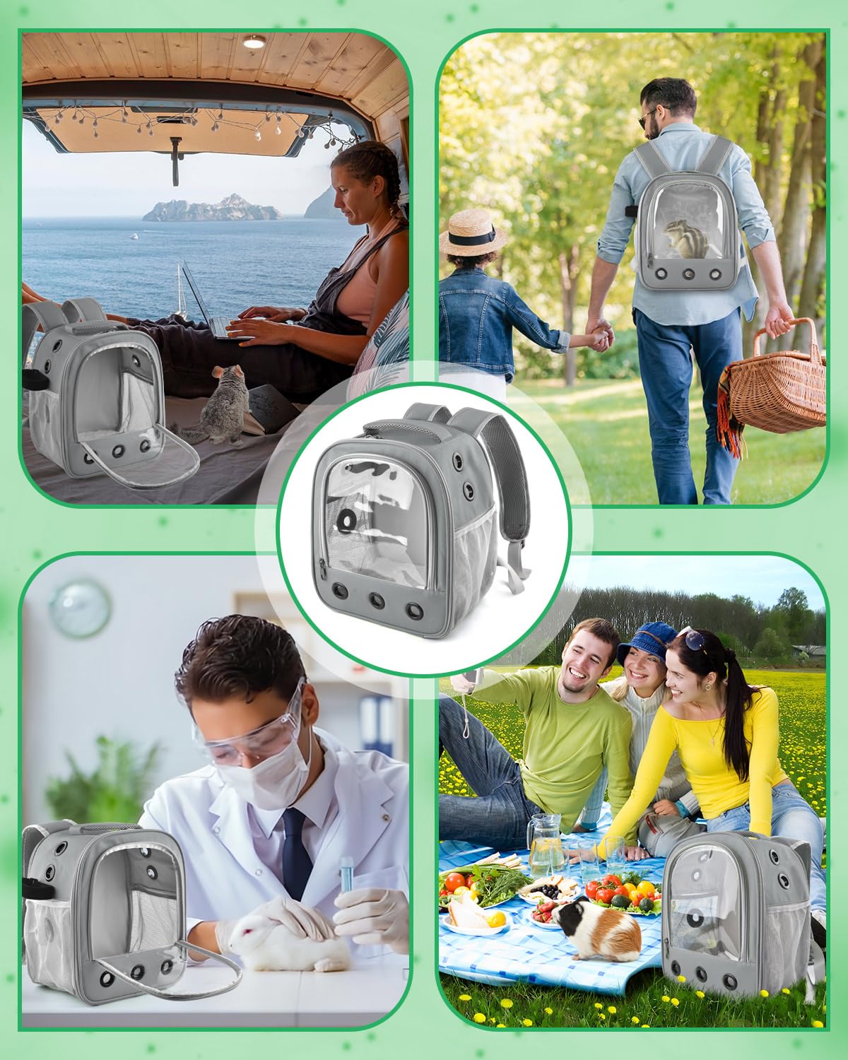 DBNESS Guinea Pig Carrier Backpack, Portable Rabbit Travel Carring Bag for Pet Bunny Chinchilla Bearded Dragon Hamster Parrot Outgoing Pouch Case with Water Bottle Holder & Detachable Pad (Light Gray)