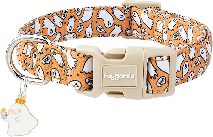 Faygarsle Halloween Ghost Pattern Dog Collar with Charm, Orange and White,for Small Medium Large Dogs L