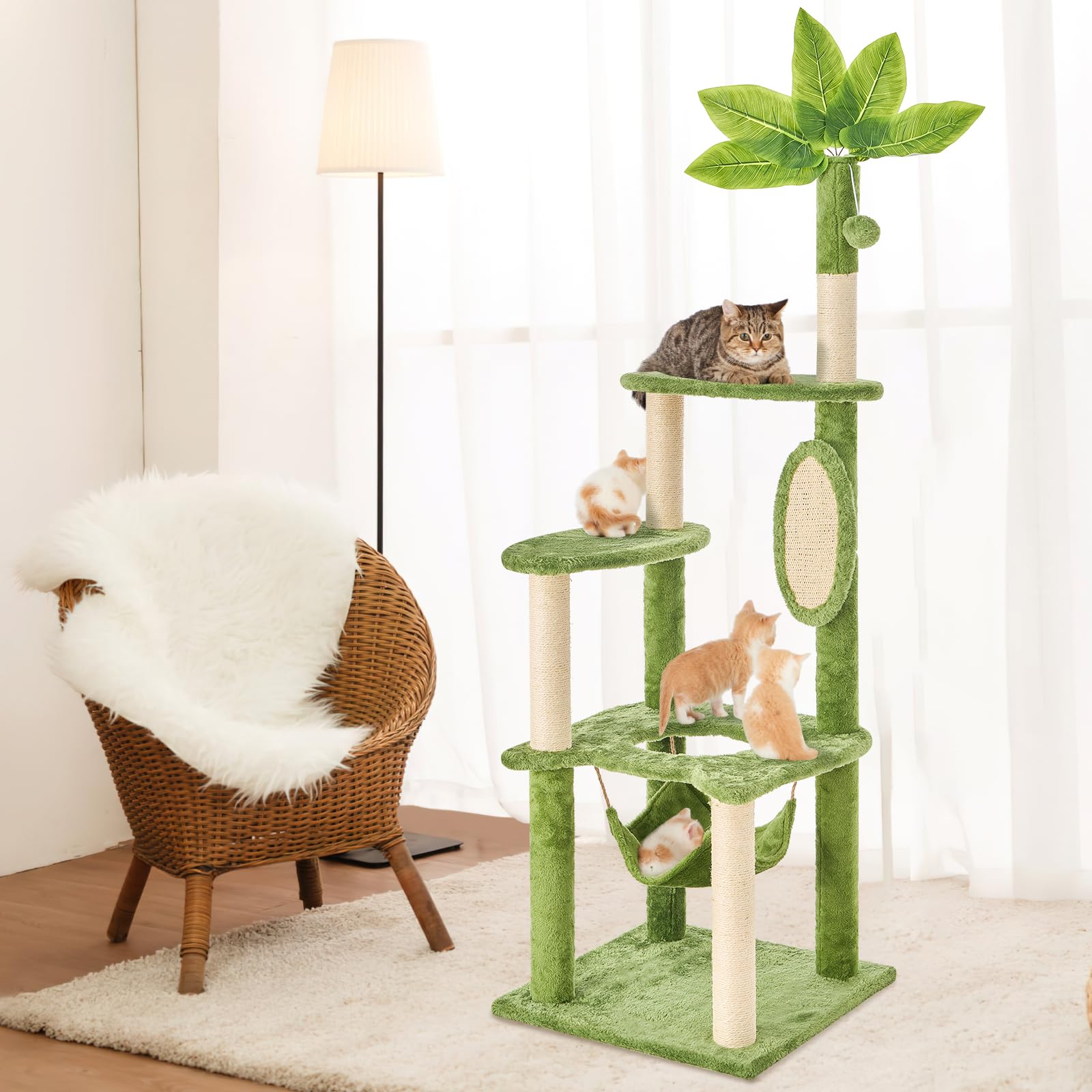 TSCOMON Cat Tree for Indoor Cats, 55 Inch Cat Tower with Rotating Scratching Board, 4 Sisal Posts & Leaf Top Design, Modern Cat Furniture for Multiple Cats (No House), Green