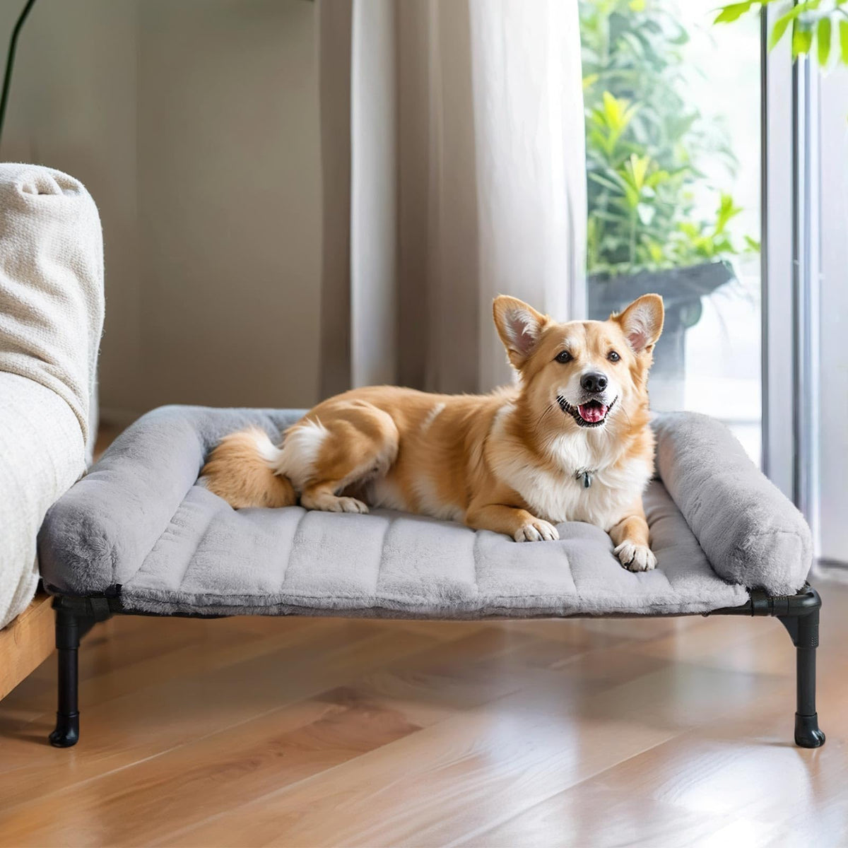 Veehoo Elevated Dog Beds Medium Sized Dog with Fluffy Plush Bolster Cushion