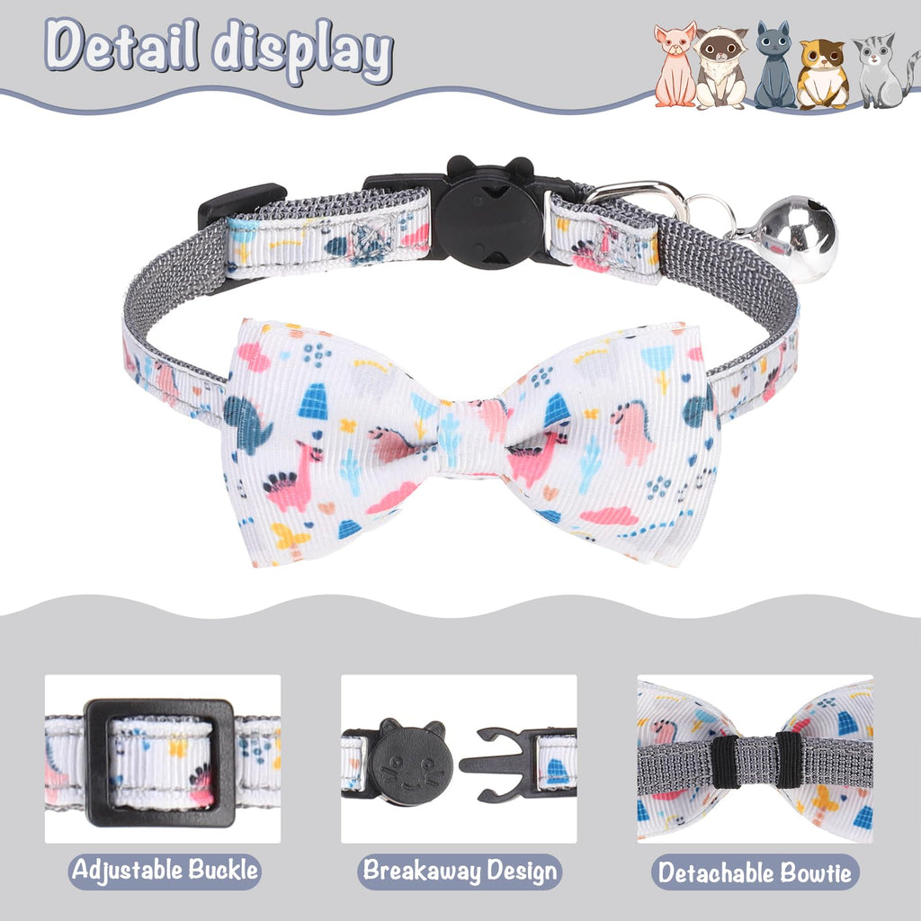 VKPETFR Breakaway Cat Collar with Removable Bow Tie and Bell, Cute Multi-Style Patterns, 3 Pack Safety Buckle Kitten Collars, Adjustable Pet Collar for Boy Cats Puppy (Gray)