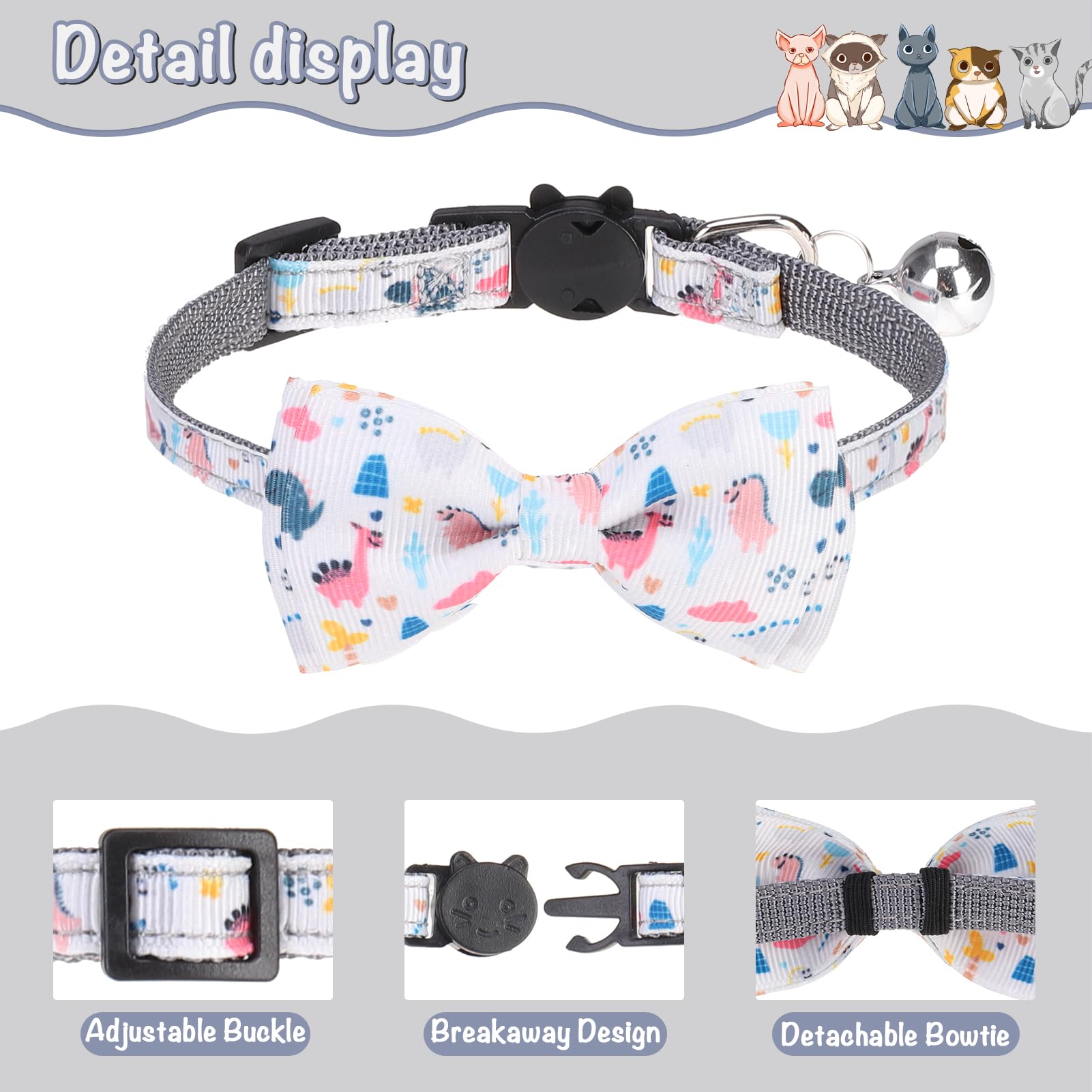 VKPETFR Breakaway Cat Collar with Removable Bow Tie and Bell, Cute Multi-Style Patterns, 3 Pack Safety Buckle Kitten Collars, Adjustable Pet Collar for Boy Cats Puppy (Gray)
