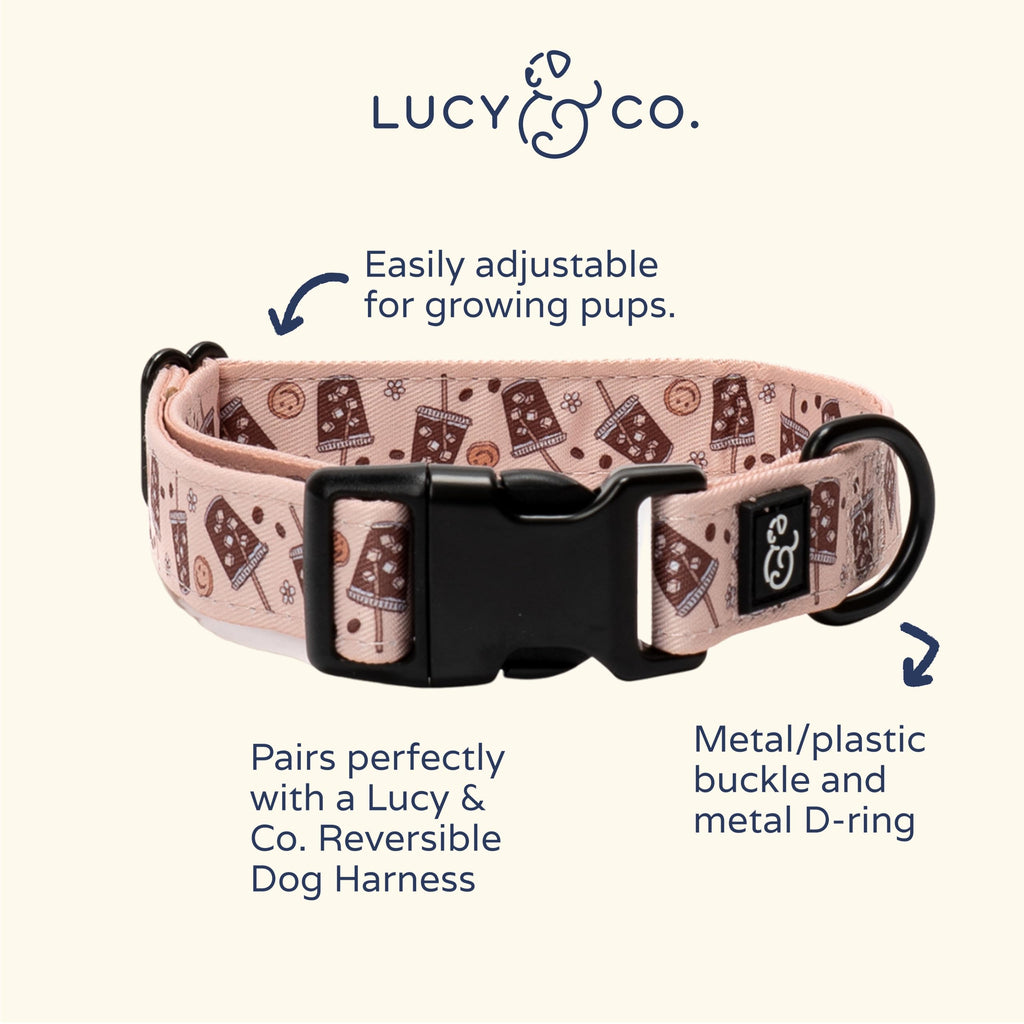 Lucy & Co. Dog Collar - Durable Lightweight Designer Collar for Pets - Adjustable Metal Safety Buckel. (Iced Coffee SZN Collar).