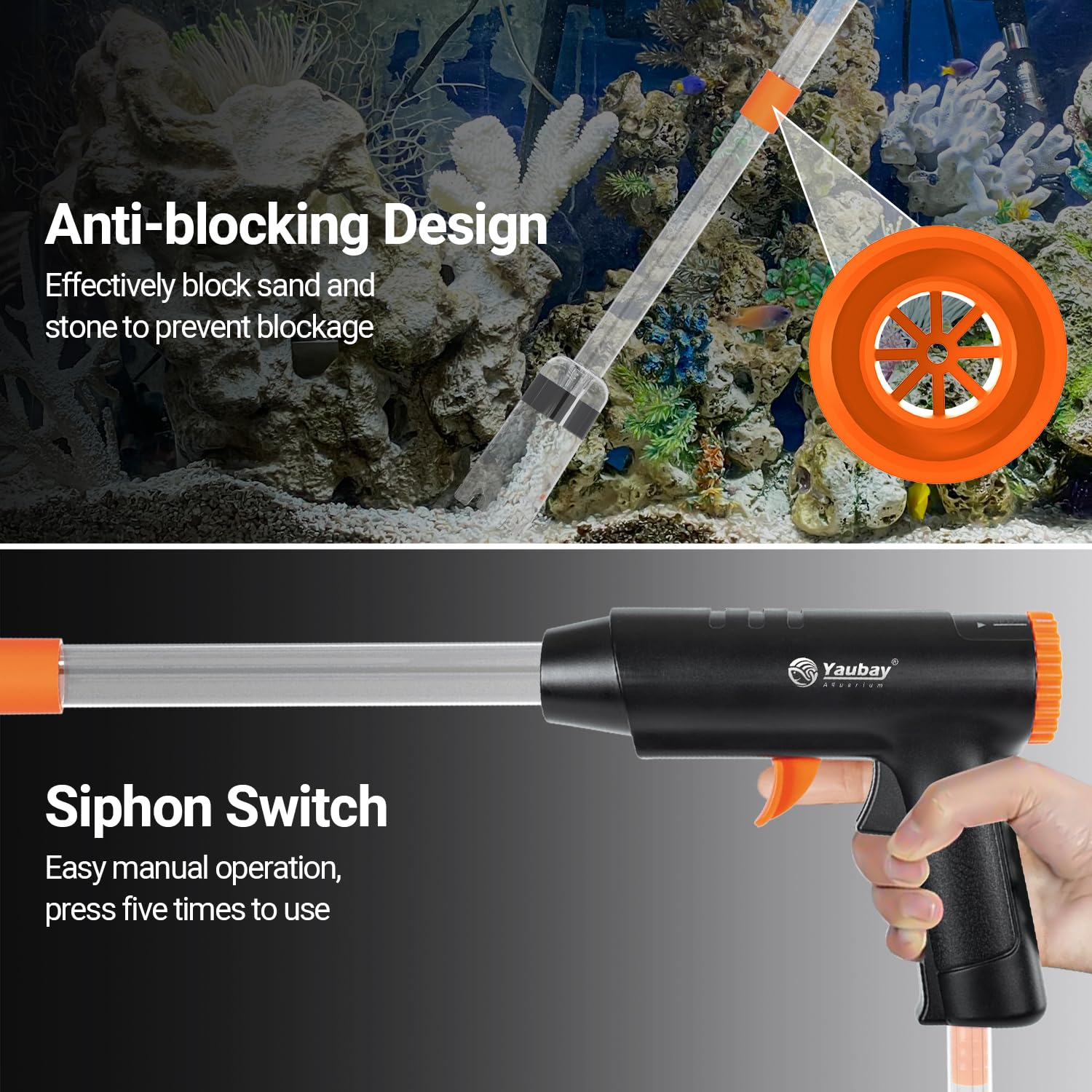 Yaubay 132GPH Manual Aquarium Gravel Cleaner, Fish Tank Siphon Vacuum Cleaner with Adjustable Water Flow for Cleaning Dirt, Water Change & Wash Sand Aquarium Cleaning Tools