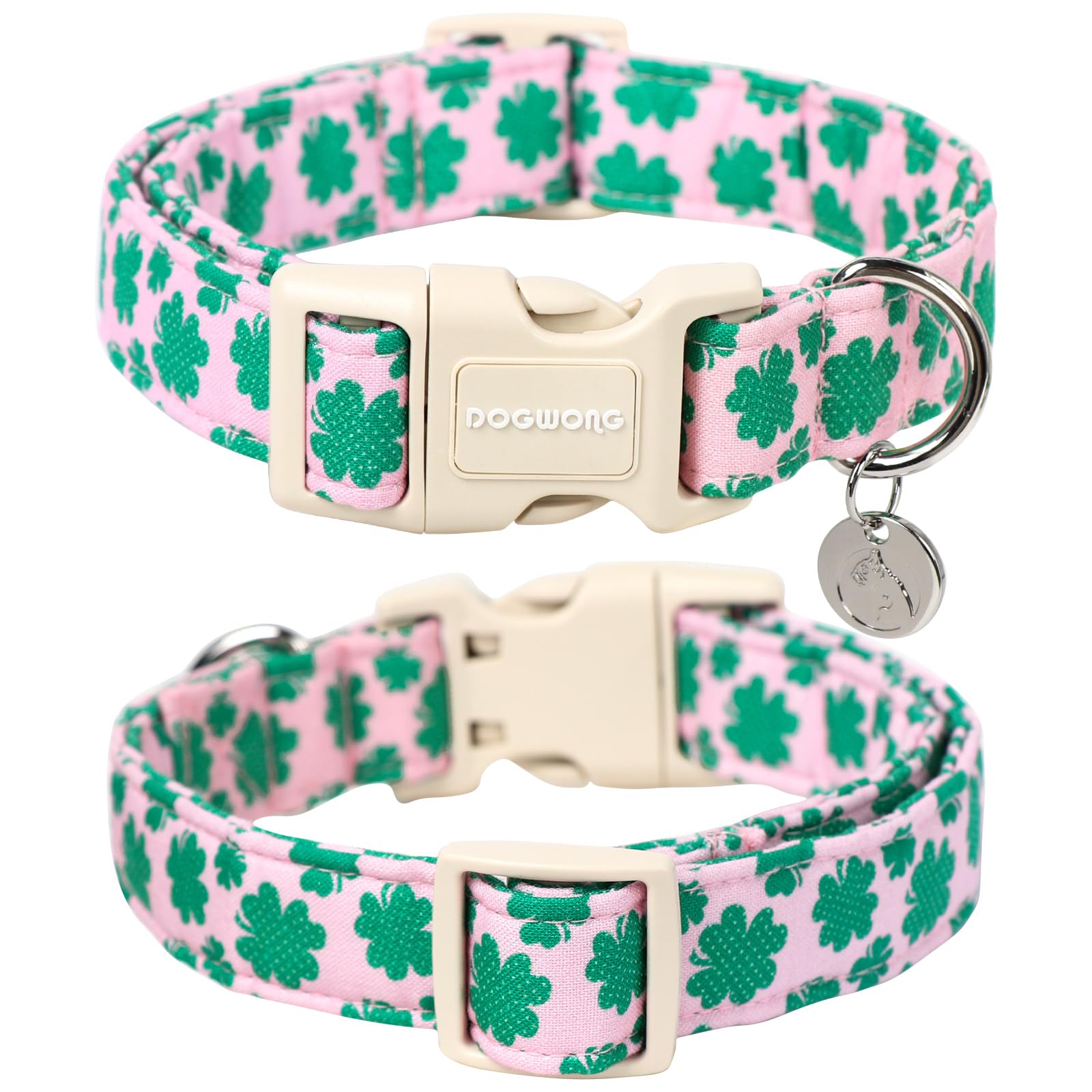 DOGWONG St. Patrick's Day Dog Collar, Pink Lucky Clover Shamrock Dog Collar Soft Durable Adjustable Costume Lucky Charm Puppy Collar for Small Medium Large Dog