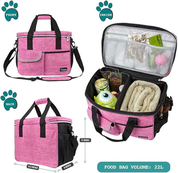 PetAmi Dog Travel Bag Organizer, Pet Supplies Tote Diaper Bag, Pink Medium