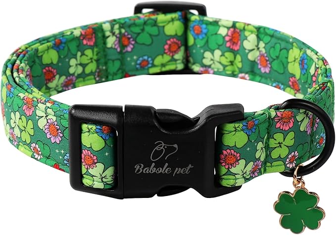 Babole Pet St Patricks Day Dog Collar for Small Dogs - Lucky Flower Shamrock Green Dog Collars, Cute Irish Clover Puppy Collar with Quick Release Buckle for Girls&Boys Dogs S