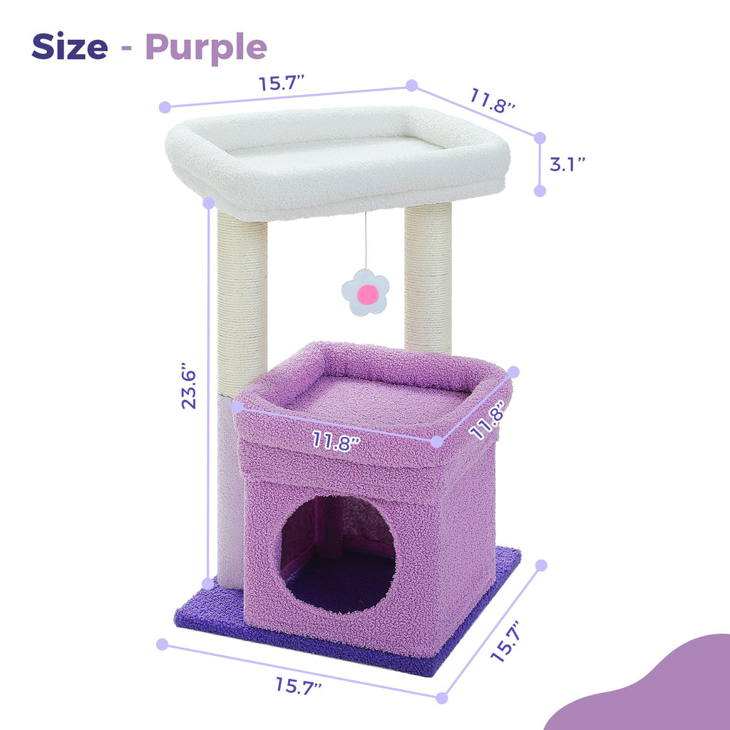 PEQULTI Indoor Cat Tree Tower Small Cats, Sisal Post & Cozy Condo, Purple