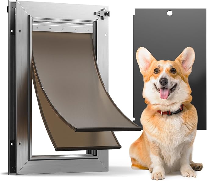 VOSOIR All Aluminum Dog Door, Rust Proof Heavy Duty Large Dog Door for Exterior Doors, Doggy Door with 2 Magnetic Flaps, Energy Efficient, Closing Panel, Pet Door for Pets Up to 110Lb