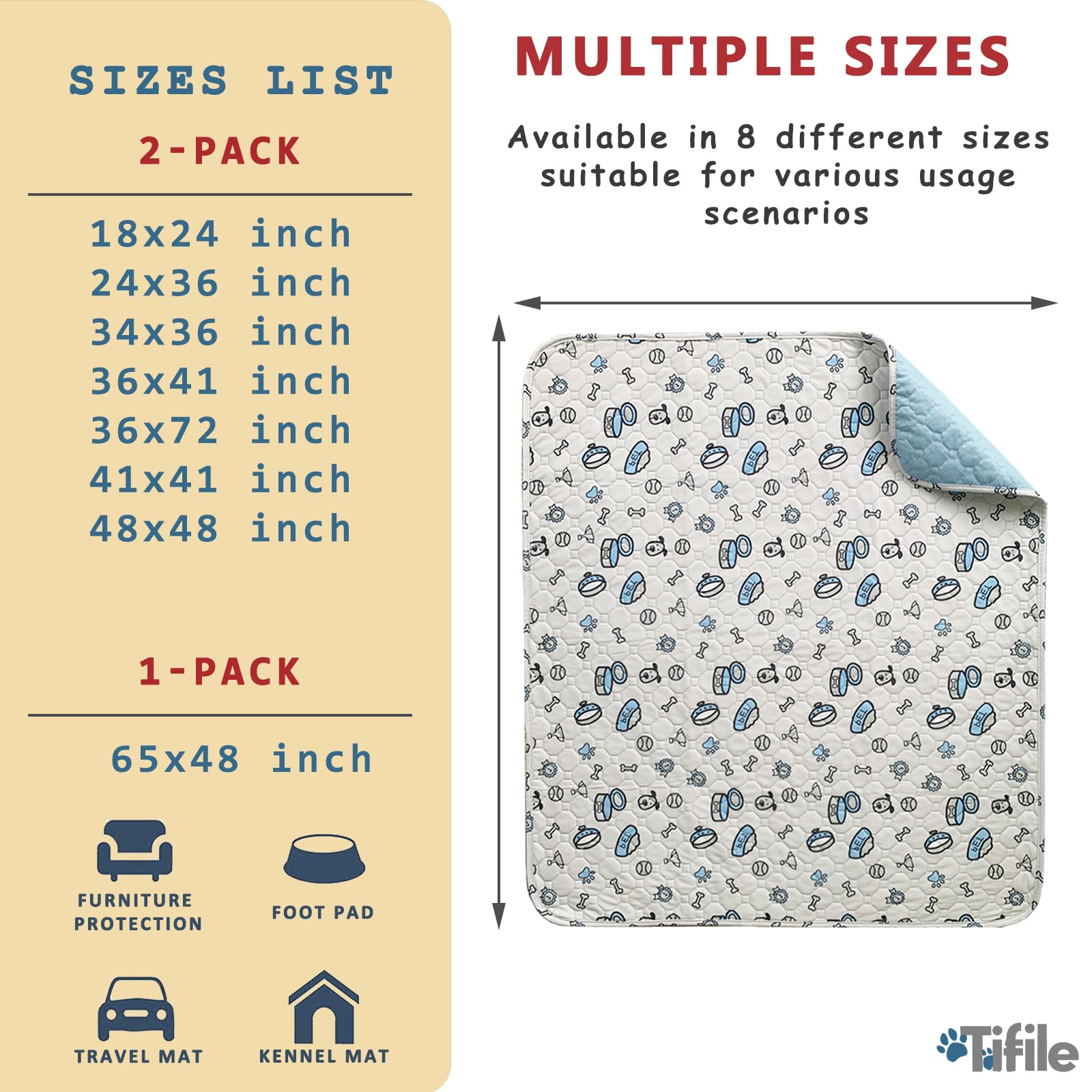 24x36in Washable Pee Pads for Dogs, 2 Pack Reusable Puppy Pads, Absorbent Whelping Pads with Bone Print, Non-Slip Waterproof Pet Training Pads for Couch, Crate, Potty Training - 24x36in