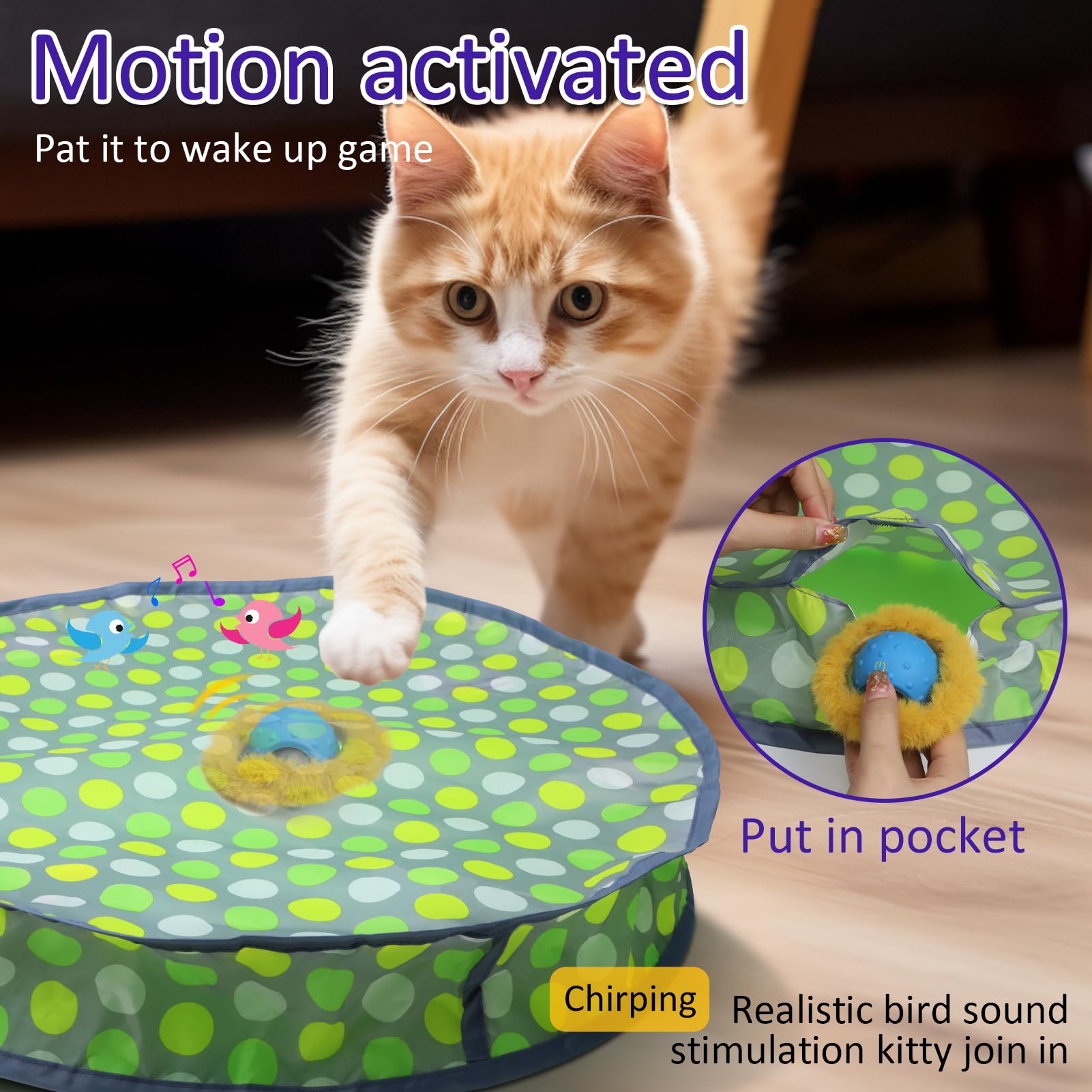 Giociv Interactive Cat Toys Ball Fast Rolling in Pouch, Motion Activate Chirping Cat Toy Hide and Seek Mouse Catching Game (Green Polka dot)