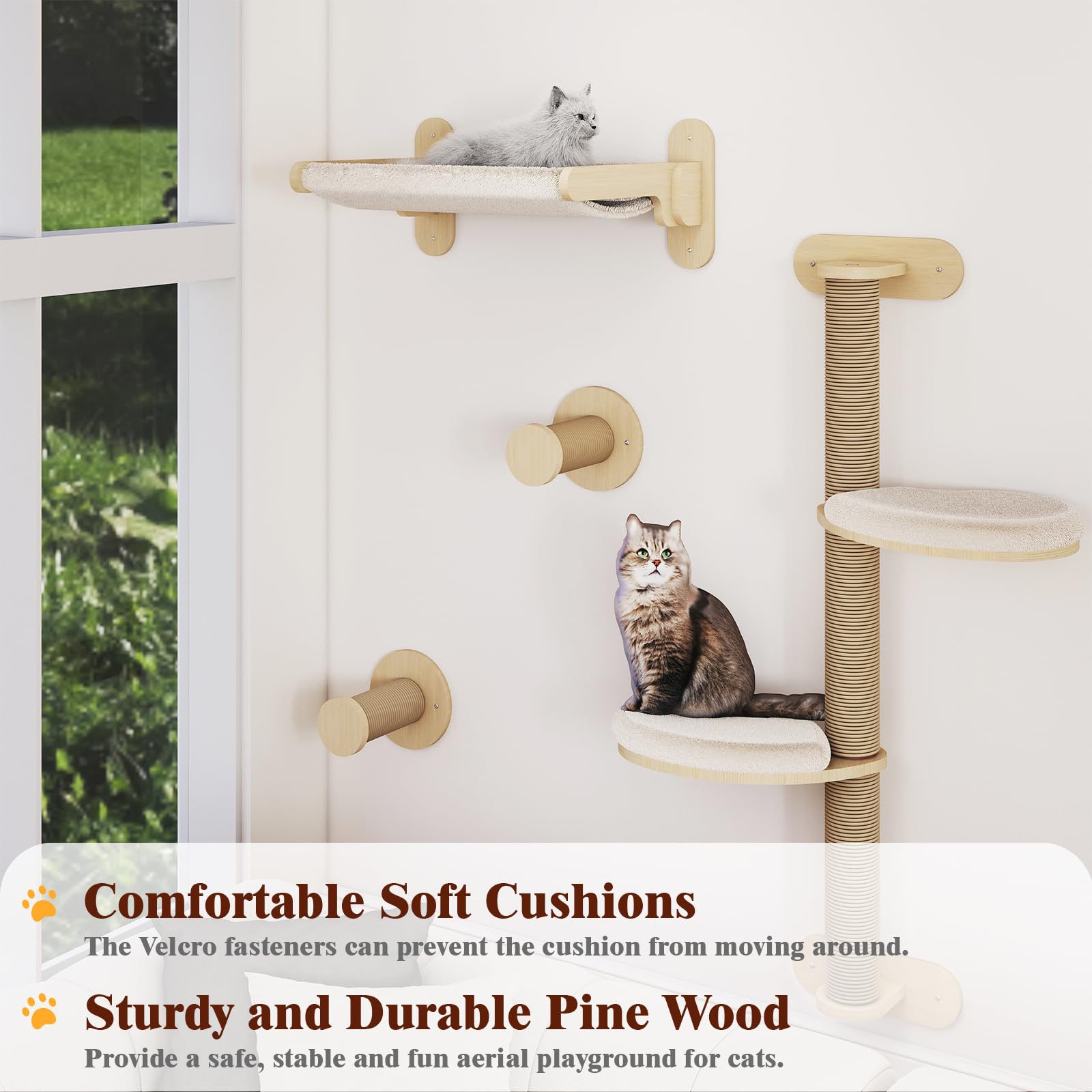 BYBYME 7 Pcs Wall-Mounted Cat Shelves, Multi-Level Sturdy Climbing Frame with Scratching Posts, Kitten Platform & Cat Bed for Playing & Resting, Solid Wood Indoor Cat Room Tree（Natural Wood）
