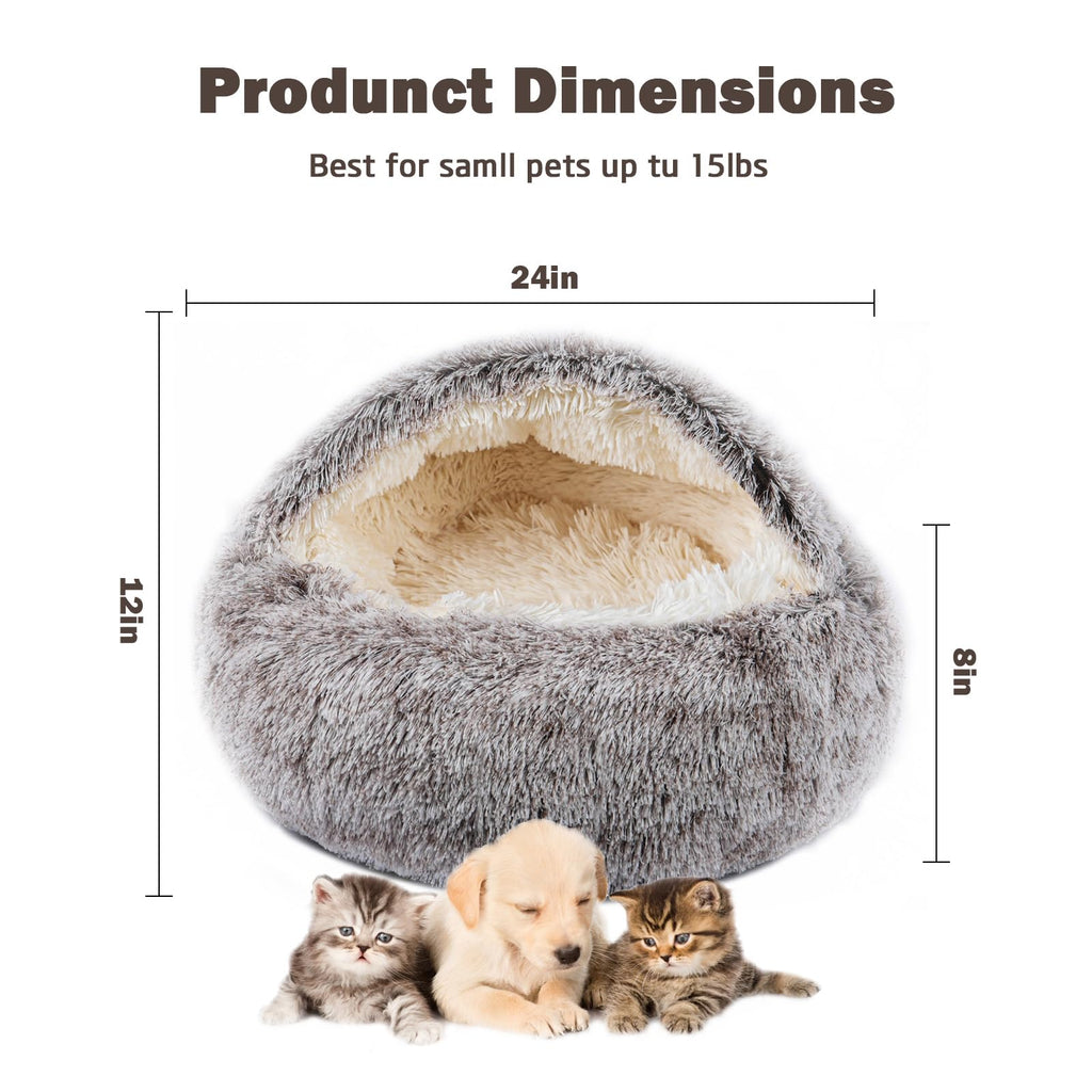 BELEEWILWON Cat Bed for Indoor Cats, Calming Cozy Cave with Self-Warming Plush, Entire Bed Machine Washable & Anti-Slip Base, Breathable Pet Bed for Small Cats&Dogs All Seasons (Khaki, 24 * 24inch)