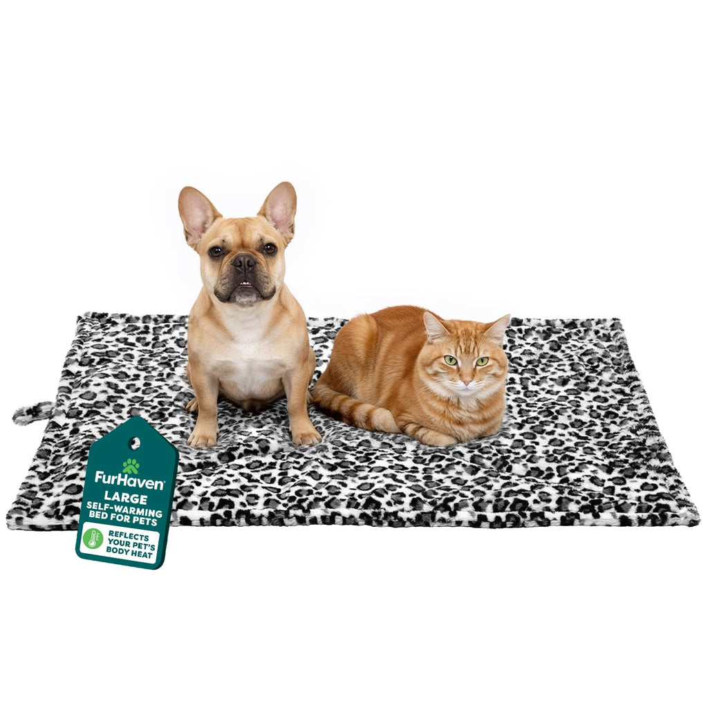 Furhaven ThermaNAP Self-Warming Cat Bed for Indoor Cats & Large/Medium Dogs, Washable & Reflects Body Heat - Quilted Faux Fur Reflective Bed Mat - Snow Leopard, Large