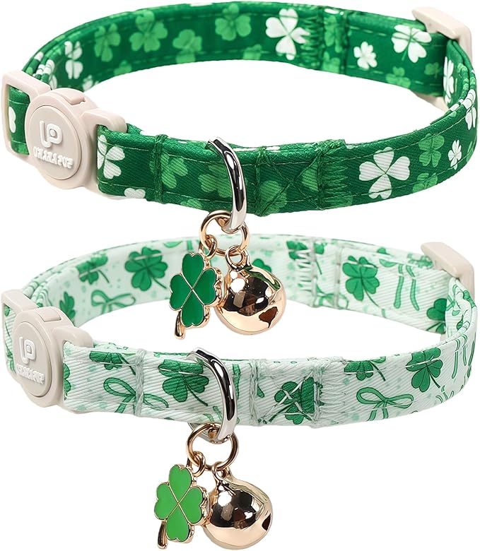 UP URARA PUP Cat Collar,2Pack Summer Cat Collars Cute Breakaway,Spring Green Leaf Flower Kitten Collar with Bell, Kitty Collars with Safety Buckle for Girl & Boy Cats