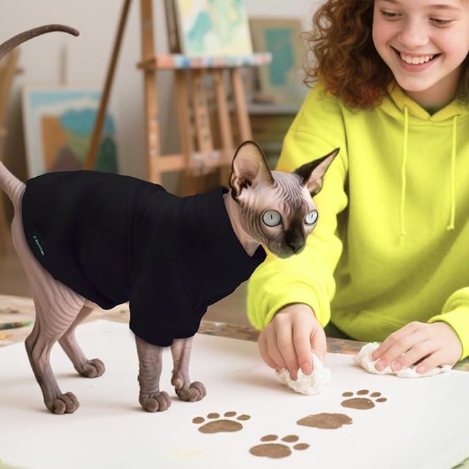 Fleece Sphynx Cat Clothes Soft Hairless Cat Clothes Pullover Cat Sweater for Chihuahua All Season Light and Warm Kitten Cloth for Cats Only Puppy Clothes Small Dog Sweater (Black, Medium)